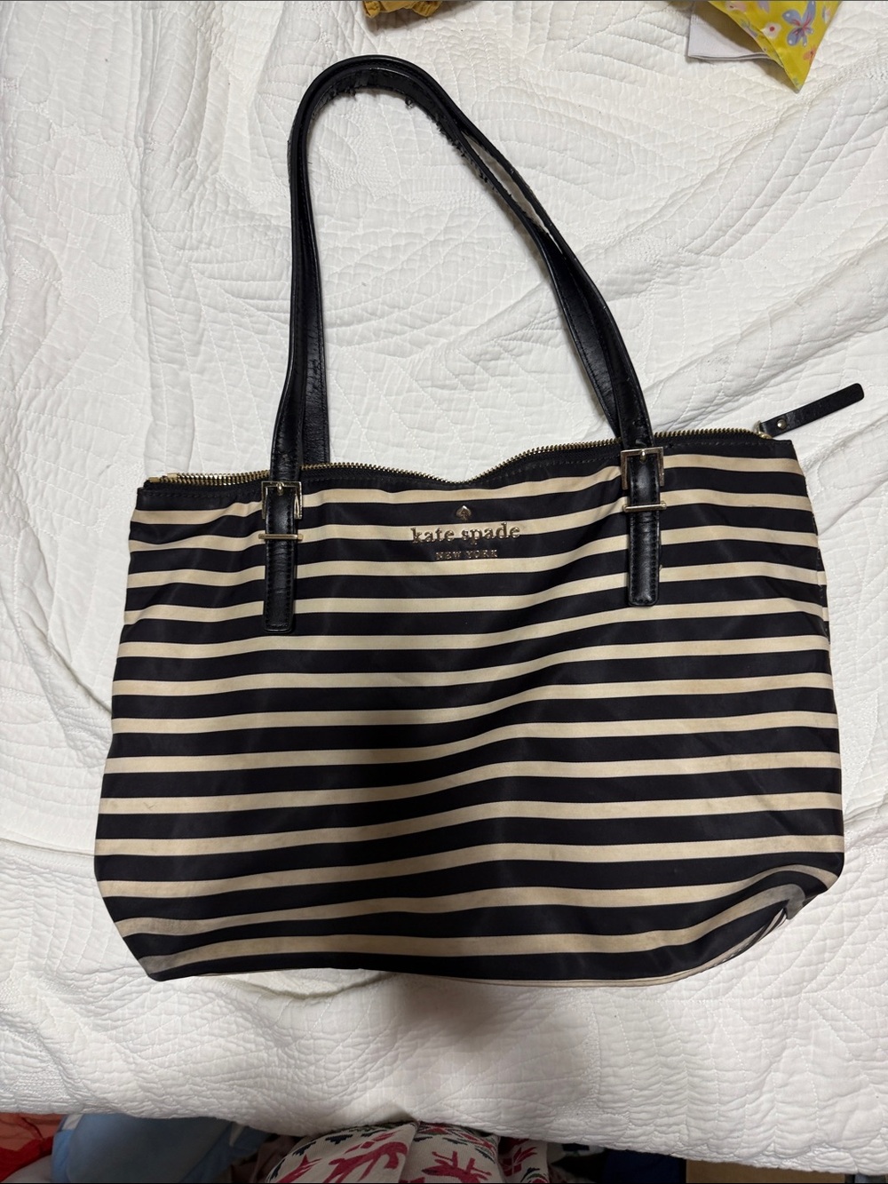 kate spade Black and Cream Striped Tote with Black Handles